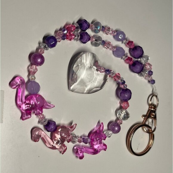 Dinosaur Beaded Suncatcher Rearview Mirror Charm Pink Clear Heart Crystal Prism - Picture 3 of 10